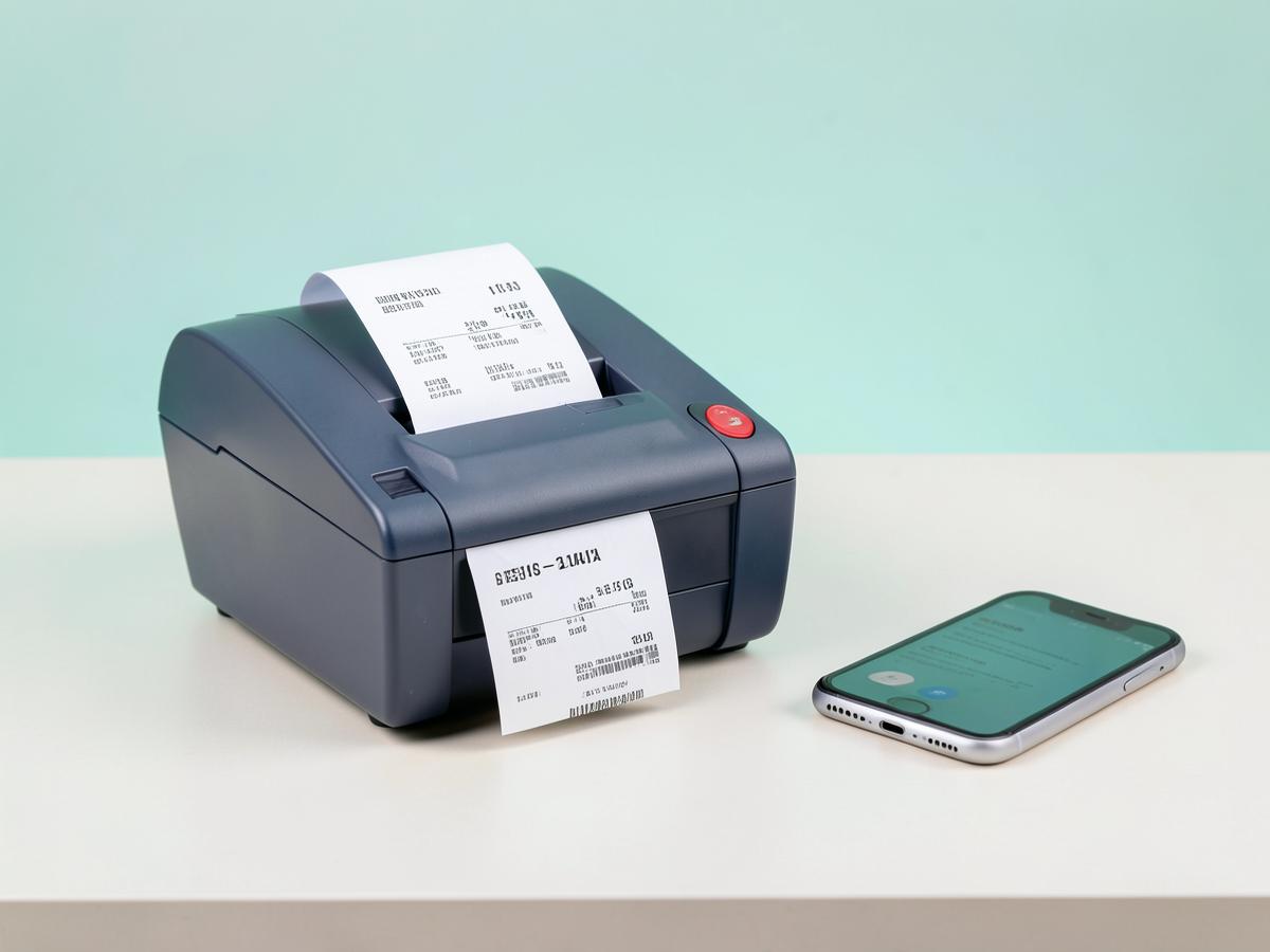 Thermal printer printing a BuffyFlow invoice beside a phone
