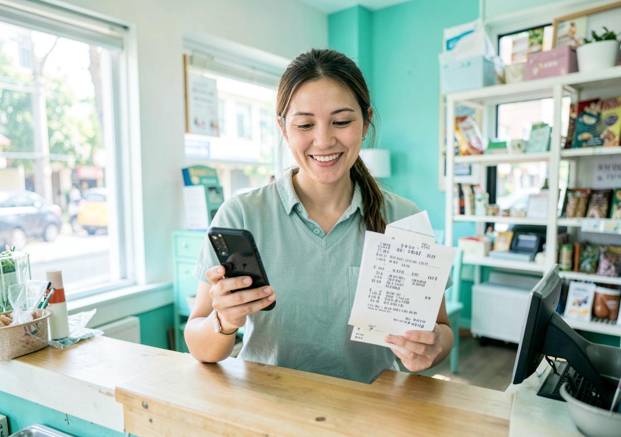 Shop owner holding a phone and a printed receipt behind the counter